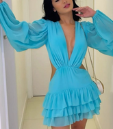 Chiffon Long Sleeve Deep V-Neck Short Prom Party Dress Elegant